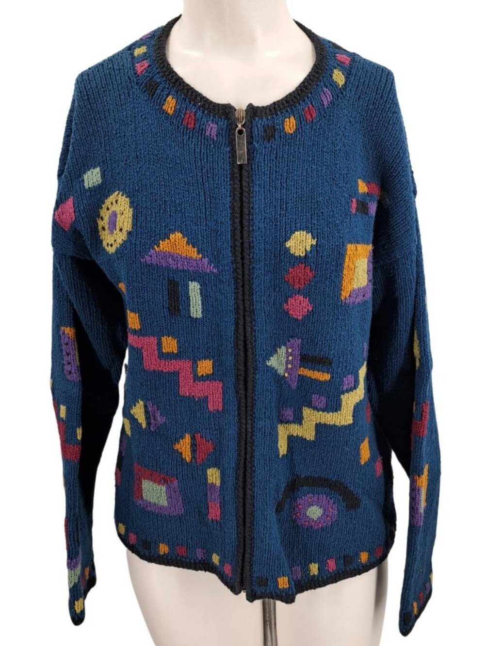 Planet Earth Abstract Knit Cardigan Sweater Size M Cotton Hand Loomed Peru Blue